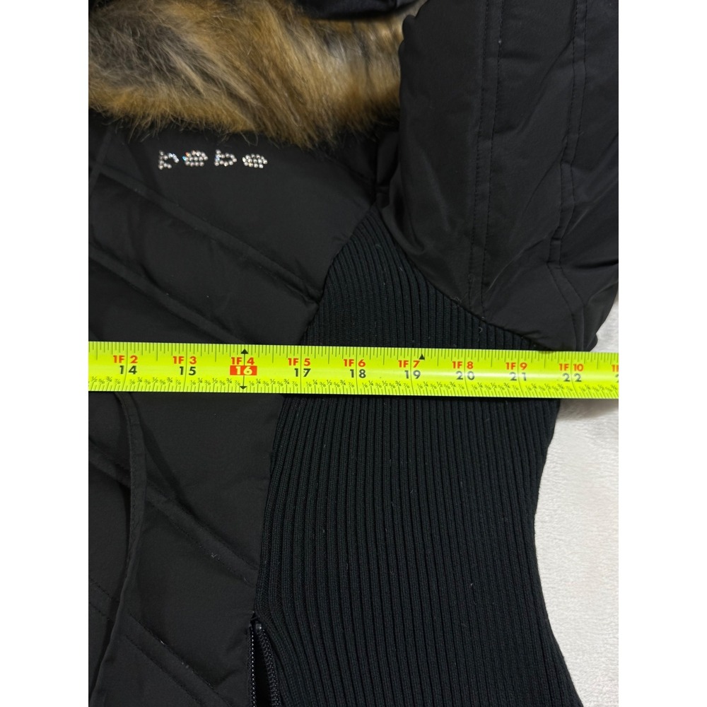 Bebe Women XL Black Puffer Jacket Faux Fur Hood Quilted Rhinestone Y2K Coat - Picture 6 of 10